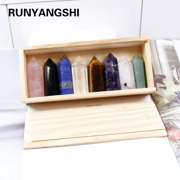 1set Wooden box gift box High quality Decorative Natural Hand Carved crystal points quartz wand pillar for healing 1
